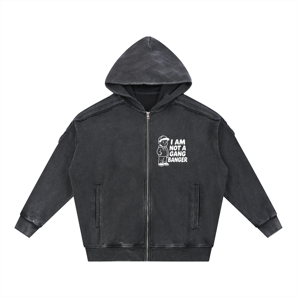 Snow Washed Tape Raw Edge Zip Hoodie